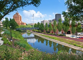 The water canal passing through downtown Akron.