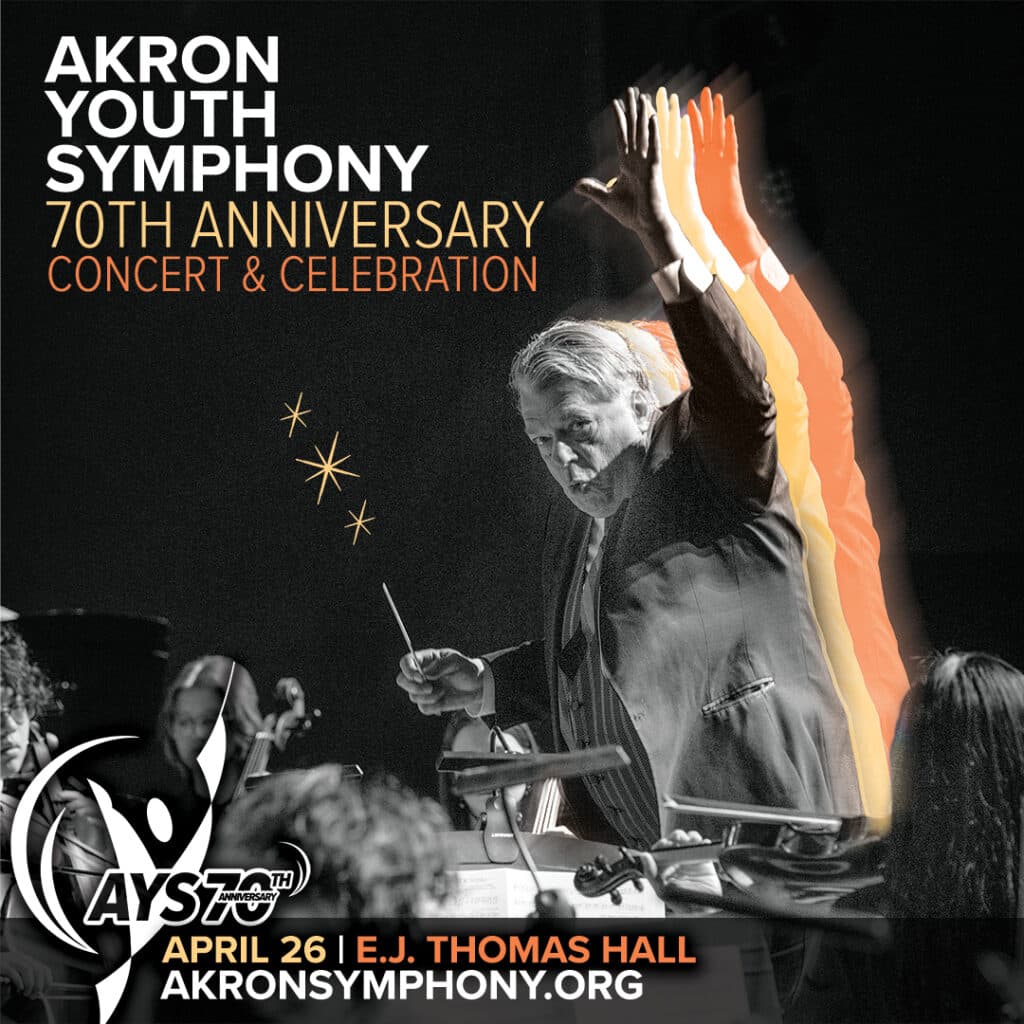 Graphic with illustrated images of conductor Eric Benjamin with the Akron Symphony Orchestra
