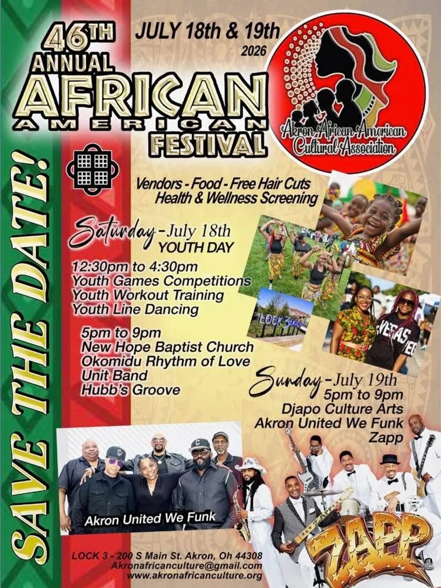 Digital flyer promoting the 46th Annual African American Festival in downtown Akron on July 18 and 19. The flyer features images of Youth Activities and Groups, the band Akron United We Funk, and musical act ZAPP