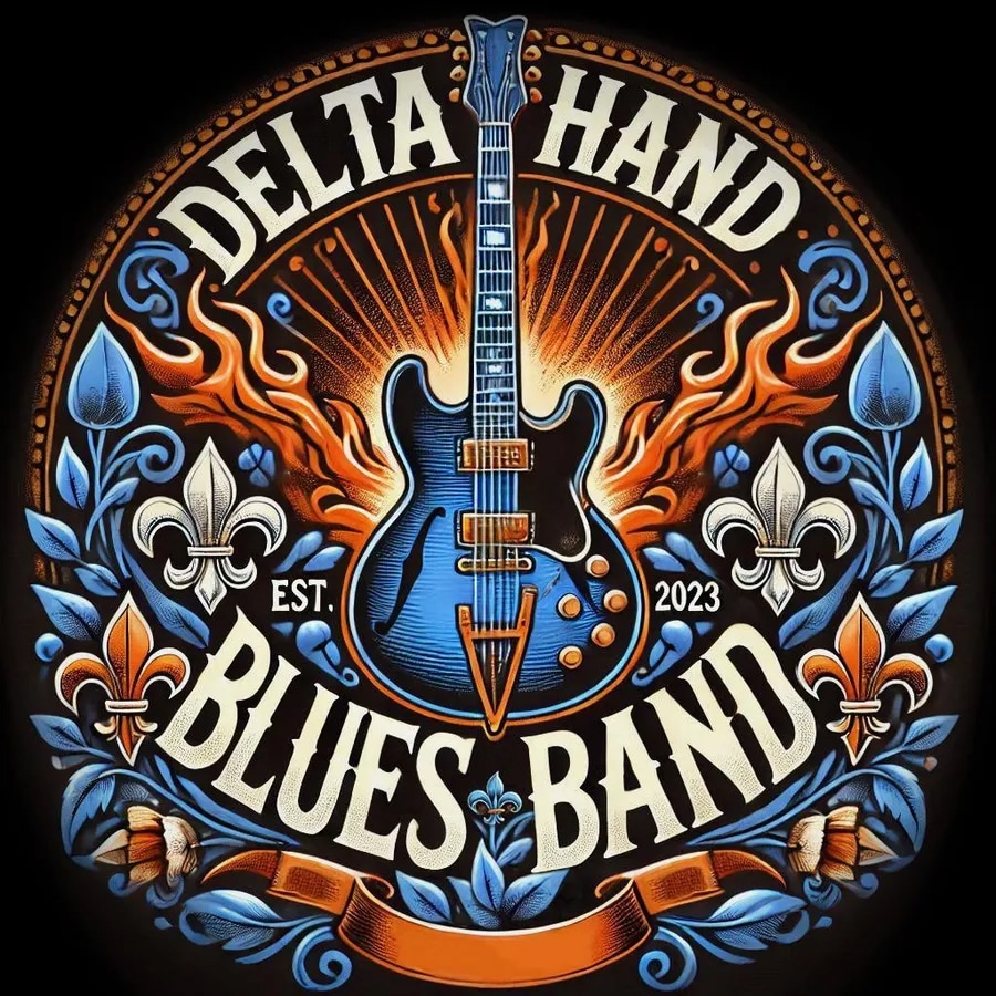 Illustrated logo for the Delta Hand Blues Band featuring an electric hollow body guitar in the middle of a circle with flames, vines, and fleurs-de-lys.