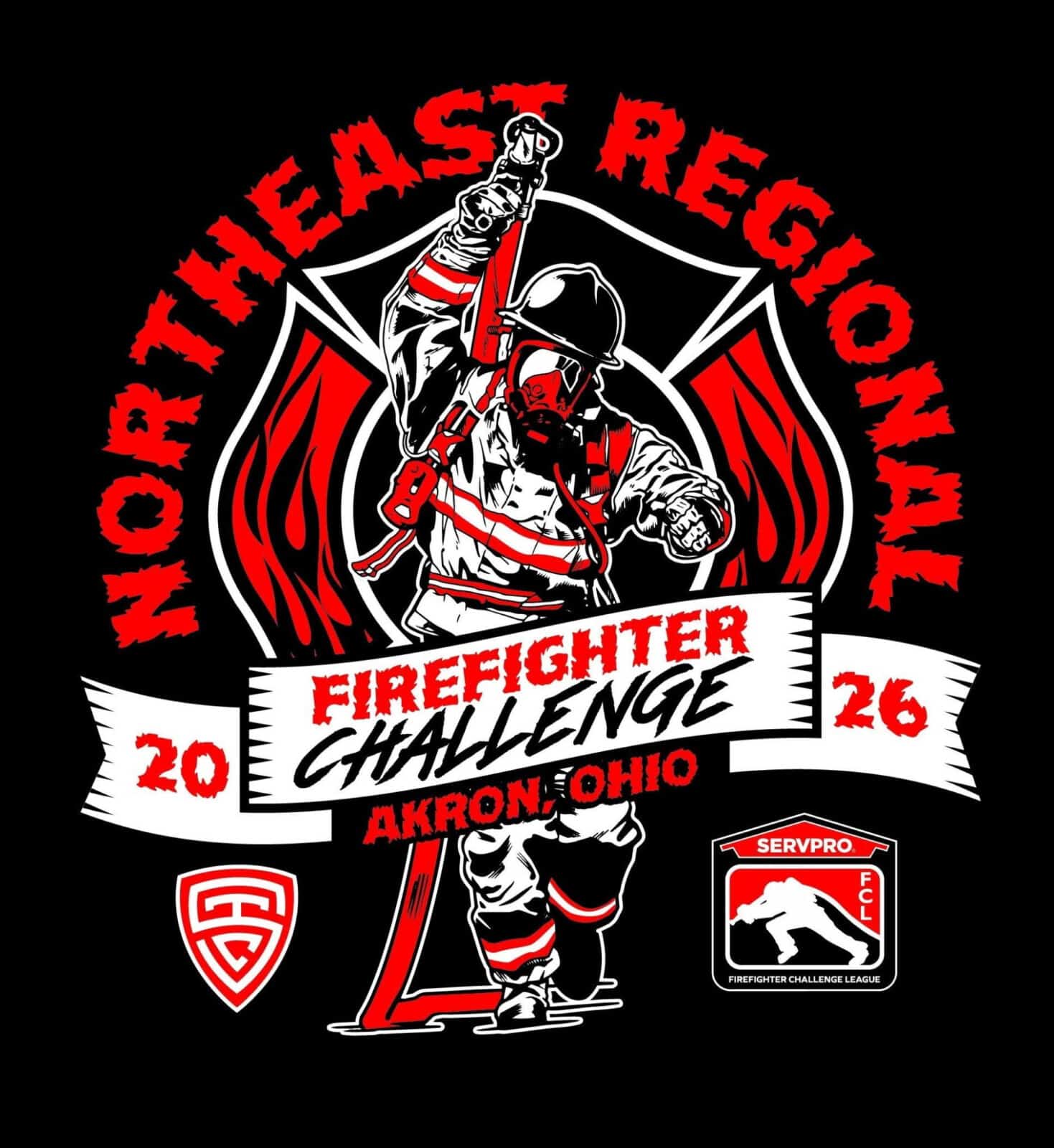 Logo of the Northeast Regional Firefighter Challenge event in Akron, Ohio 2026 in red, white and black, and featuring an illustration of a firefighter in full gear walking toward the viewer